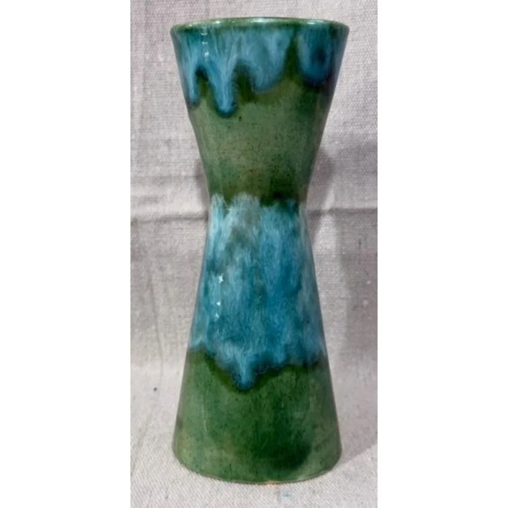 Vintage Yona Ceramic Hourglass Vase Green Turquoise Drip Glaze MCM Pottery 6.5